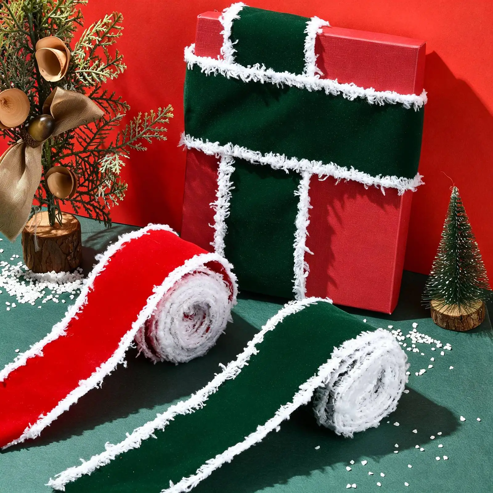 PandaHall 2 Rollen 2 Farben Polyester-Fransenband für Weihnachten, 63mm x 4,57m/Set für Geschenkverpackung, Blumenstrauß-Dekoration – Detail 6