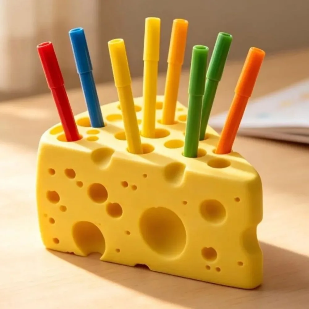 Funny 3D Printed Cheese Pen Holder Cute Multi-Hole Desktop Organizer Creative Yellow Makeup Brush Bucket Home Decor
