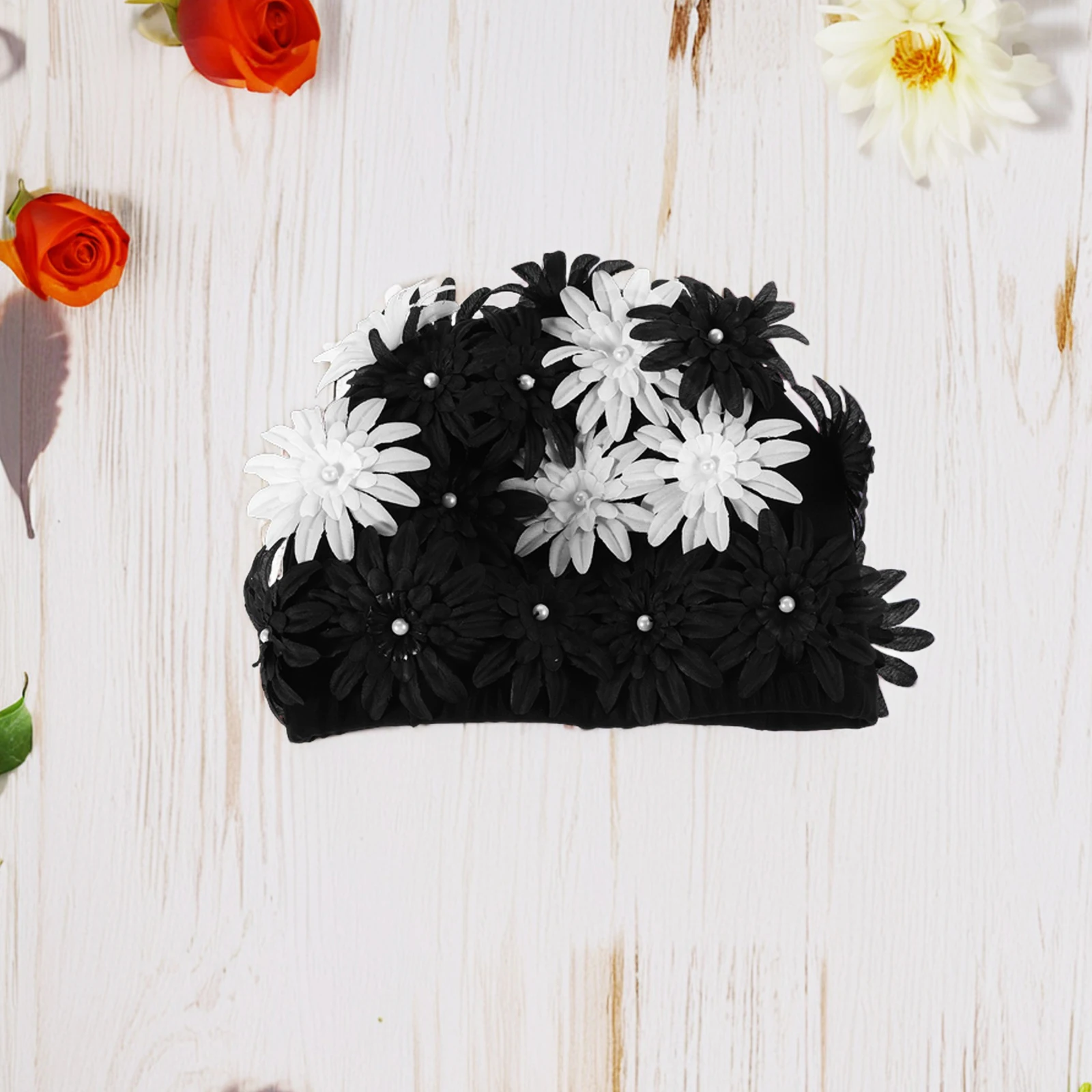 

Floral Swim Cap for Women Water Proof Long Hair Lady Bathing Hat Pearl Decoration Comfortable Fit Leakproof Fabric Exquisite