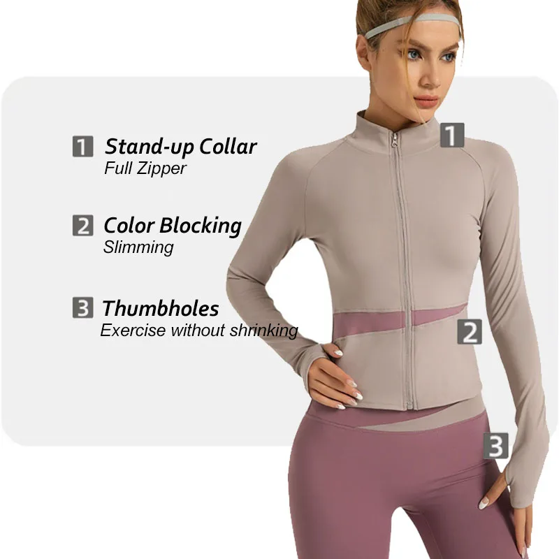 Aiithuug-Jaqueta Feminina de Stand-Up Collar Yoga, Bloqueio de Cores, Casaco com Zíper Completo, Thumbholes, Jaqueta Fitness Respirável, Emagrecedor