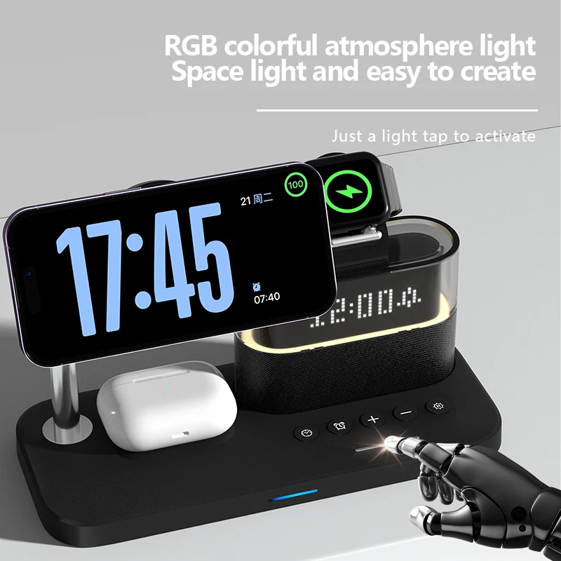 RGB 5 w 1 zegar iPhone 15 14 bezprzewodowa stacja ładująca z temperaturą do Apple Watch S9 nocna lampka ładująca stacja dokująca