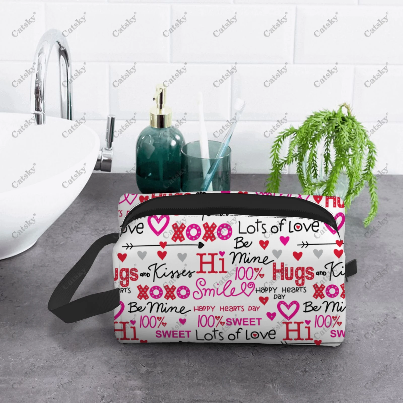 Love And Valentine Cosmetic Bag Women\'s Fashion Large Capacity Skin Care Box Printed Storage Toiletries Cosmetic Bag