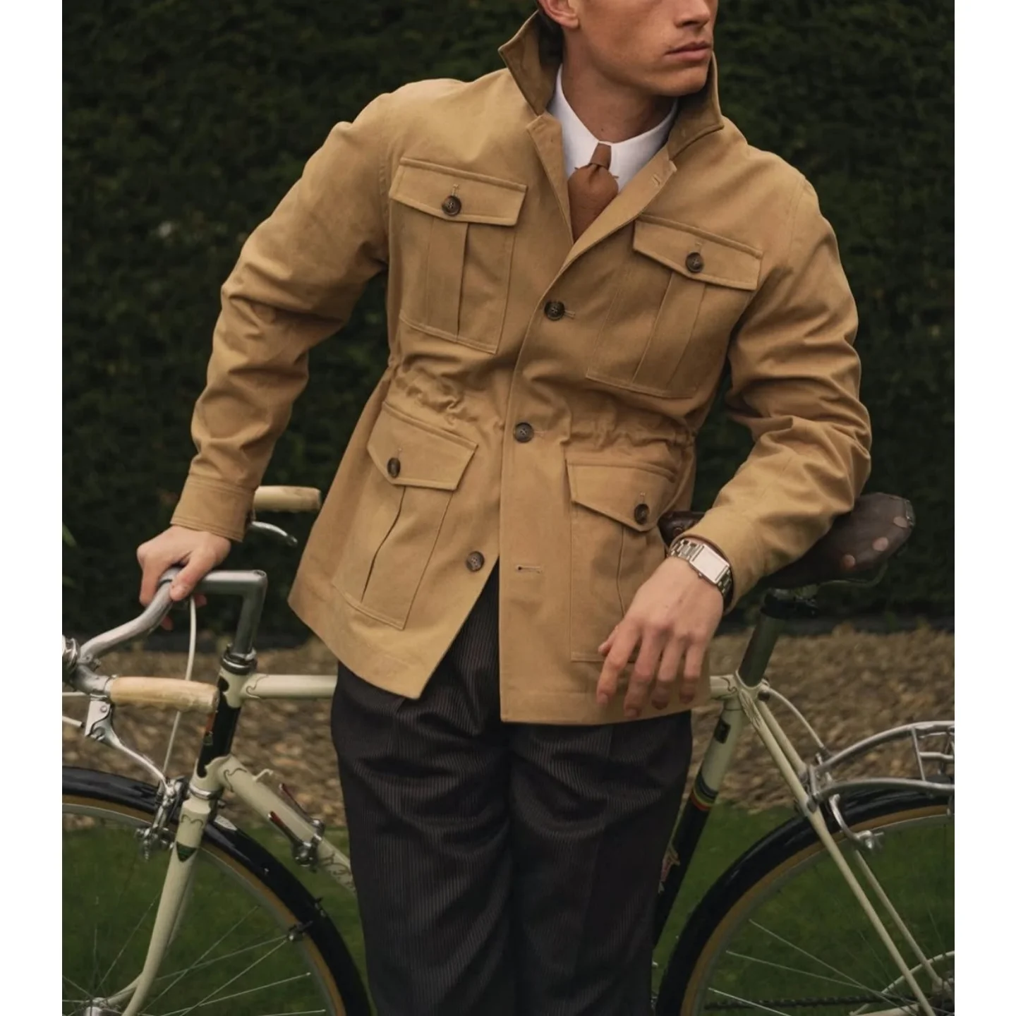 Casual Khaki Safari Jacket Vintage Utility Field Coat with Drawstring Waist Flap Cargo Pockets Suit Party Wedding Customized