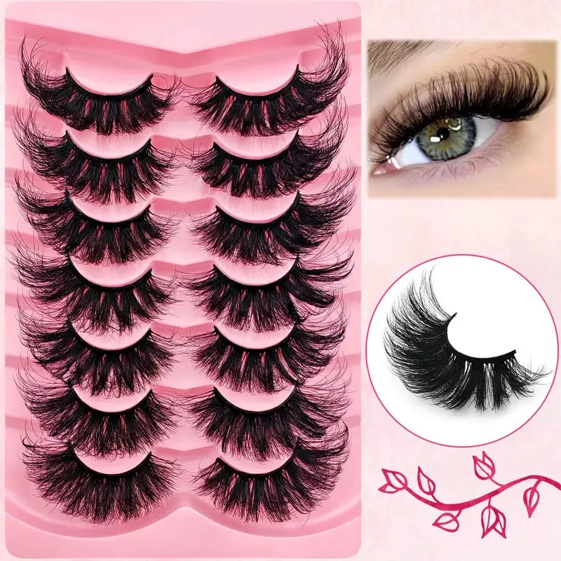7 pairs of fluffy cat eye false eyelashes set -22-25mm thick, reusable D&C roll false eyelashes