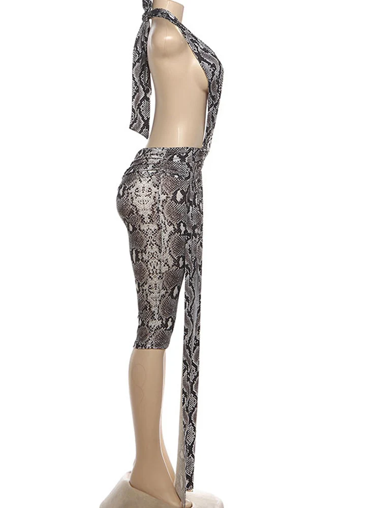 Kricesseen Sexy Deep Plunge Halter Snake Print Rompers For Women Sexy Backless Fitted Playsuits With Long Straps Night Out Wear