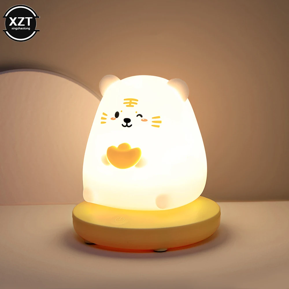 LED Silicone Lamp for Children Cute Animal Pig Rabbit Touch Sensor Dimmable Kid Holiday Gift Rechargeable Bedroom Night Light