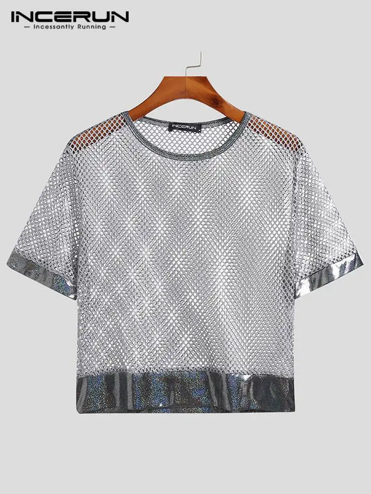 INCERUN Men T Shirt Mesh Patchwork See Through O-neck Short Sleeve Sexy Crop Tops Streetwear Party Nightclub Casual Camisetas