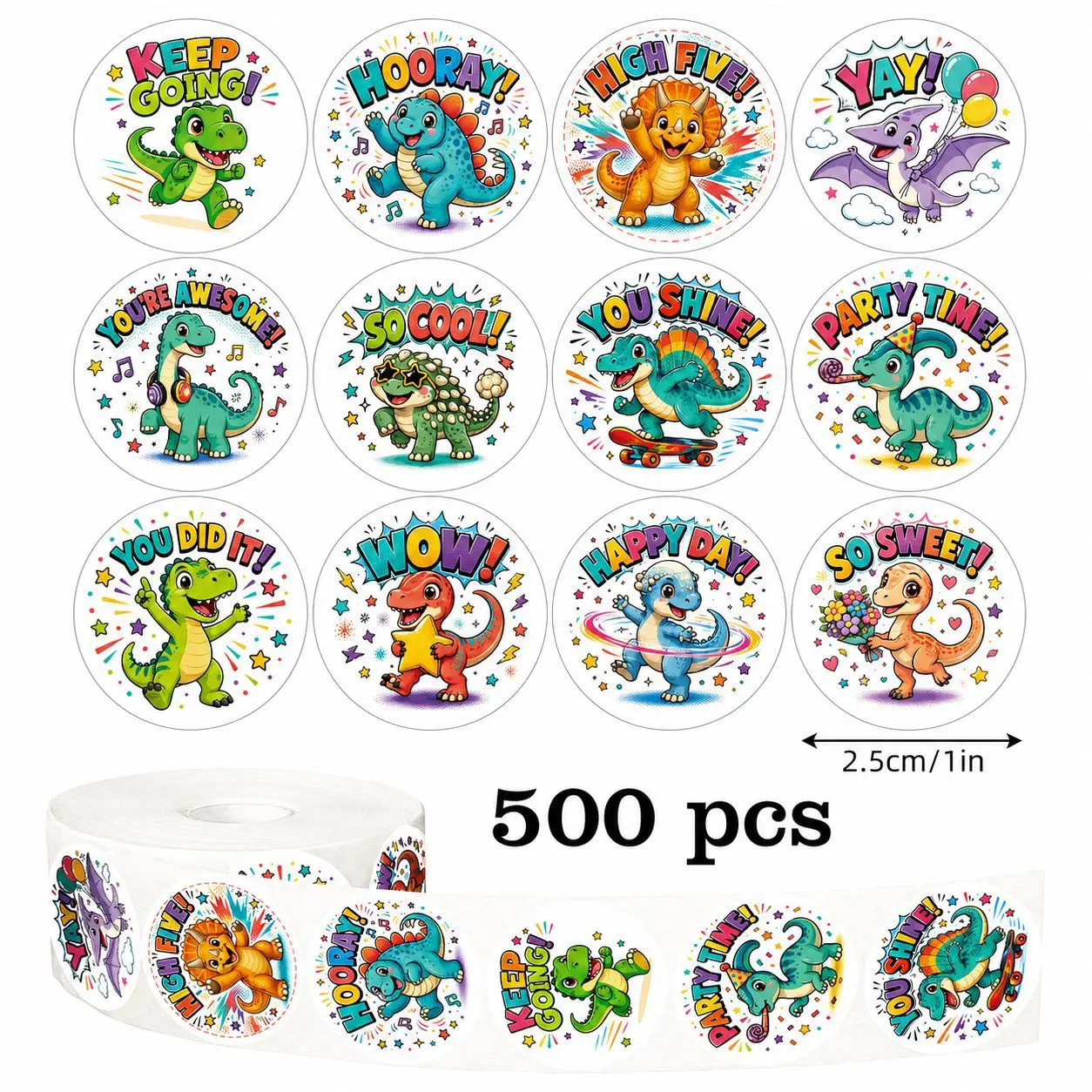 Rouleau d'autocollants de récompense sur le thème des dinosaures, 100/500/1000 pièces, autocollants ronds de 1 pouce pour motiver les enfants, les enseignants et les élèves en classe, 12 motifs de dinosaures mignons.