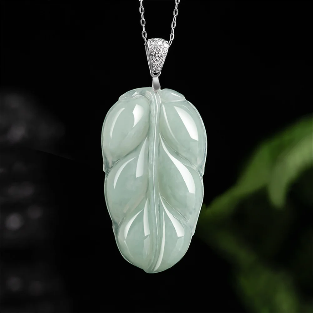 

925 Silver Natural Ice Green Jadeite Carved Tree Leaf Lucky Pendant Amulet S925 Necklace Certificate Luxury Jade Vintage Jewelry