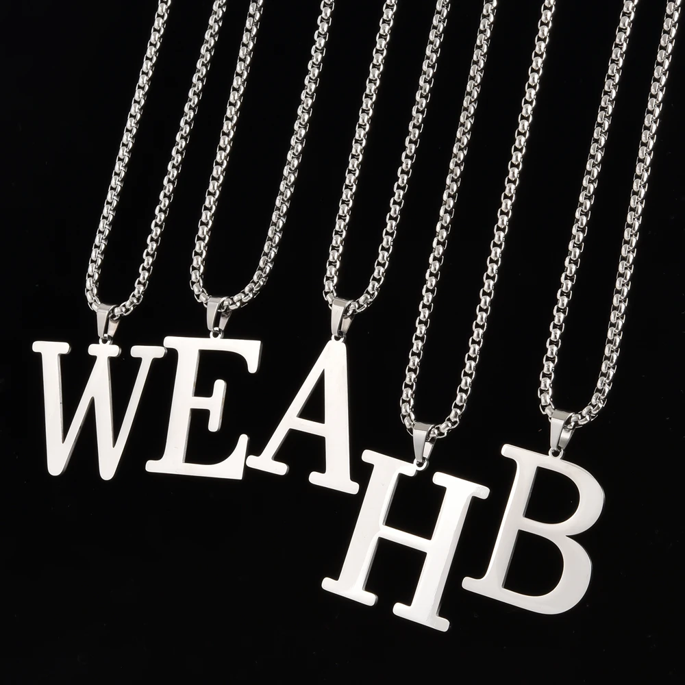 Initial Alphabet Collar Hombre Stainless Steel Big 26 Letters Pendant Necklaces For Women Men Jewelry 50/60/70cm Box Link Chain