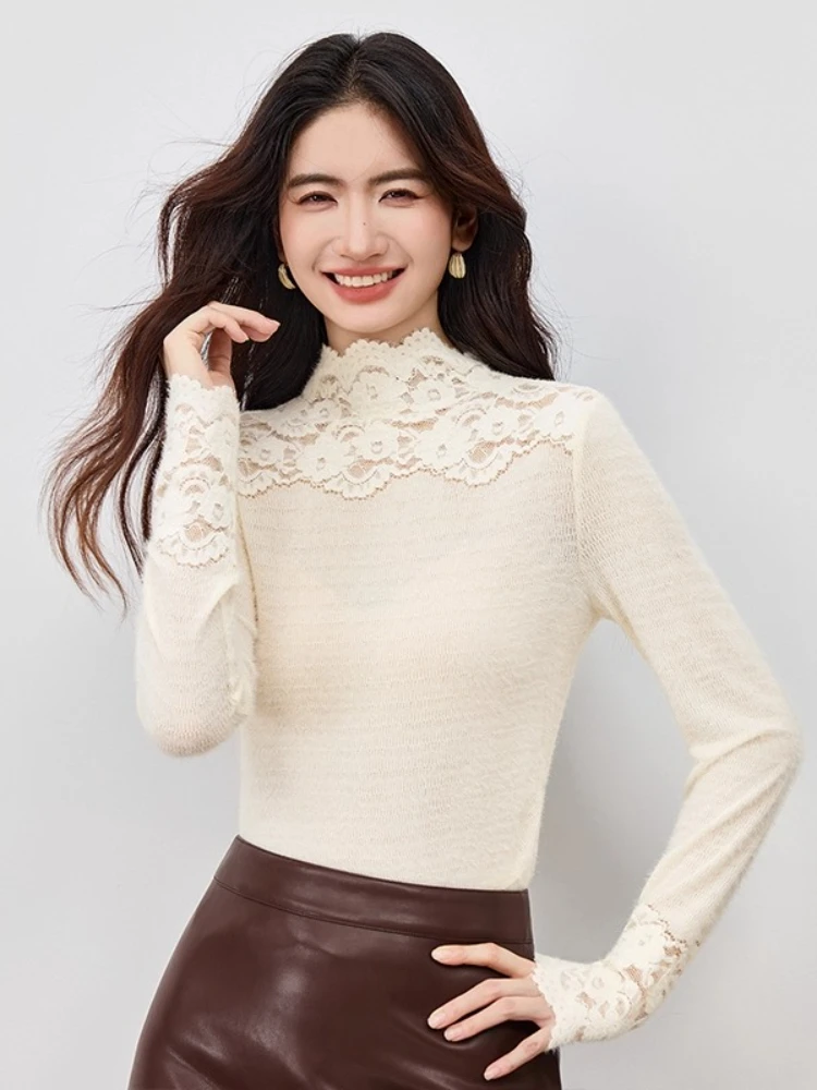SENTUBILA Damen-Pullover mit eleganter Spitze, 2025, Herbst, solide Oberteile, lässig, Pendeln, Stehkragen, Langarm-Pullover 154SA4036
