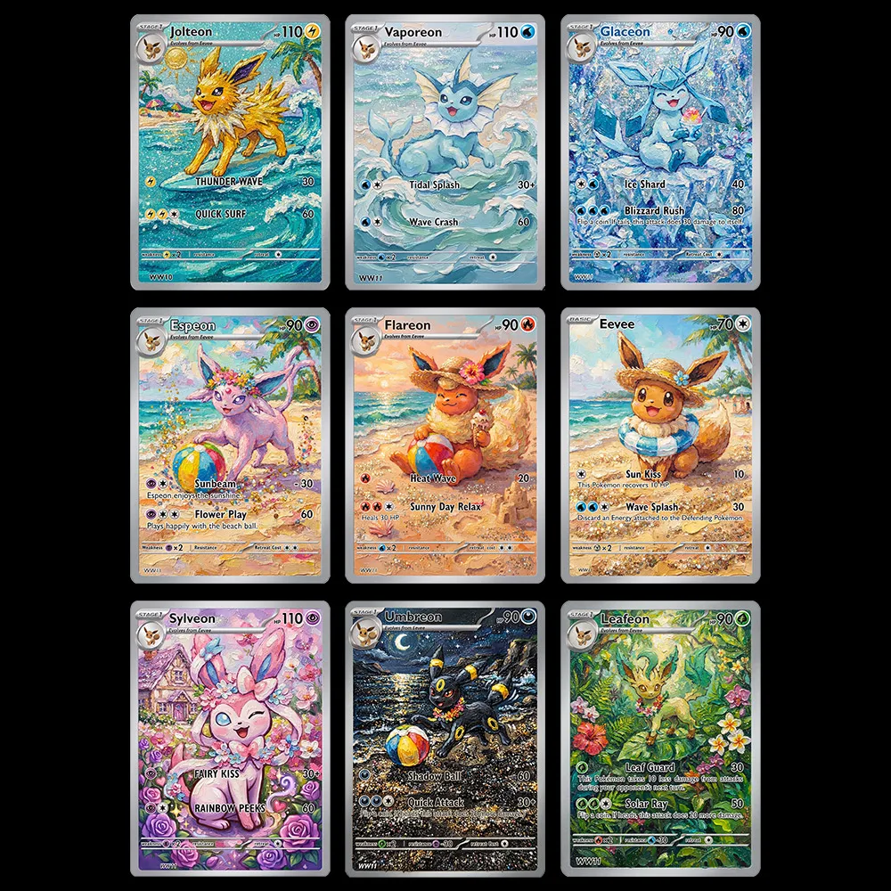 9Pcs PKM Cards PTCG Sylveon Vaporeon Eevee Espeon Flareon Jolteon Glaceon LeafeonUmbreon Full Art Game Cards Hobby Collection