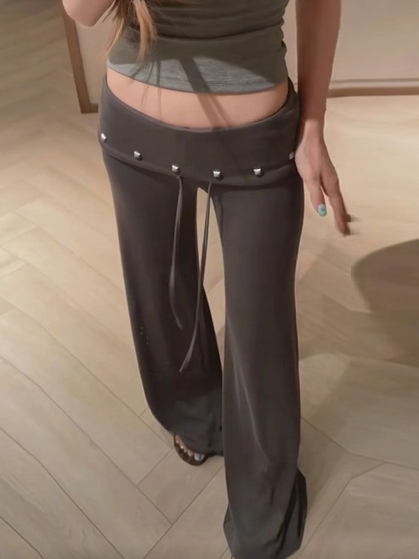 Retro American Spicy Girl Rivet Cuffed Drawstring Ultra Low Waist Slim Micro Flared Pants Long Trousers Women Autumn New Floo...