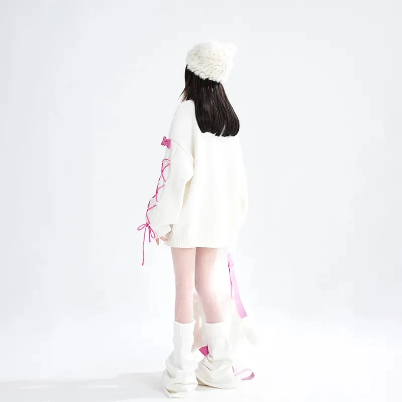 Cárdigans japoneses de punto estilo Lolita con agradable arco para mujer, cárdigans estéticos Y2k que combinan con todo, cuello en V, moda, vendaje, suéteres sueltos Jk, abrigos