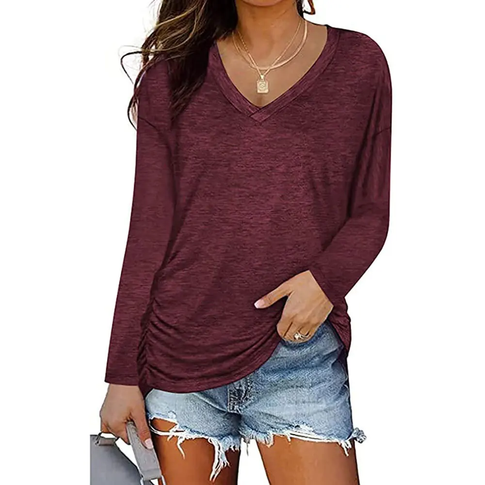 Women's V-Neck Shirred Long-Sleeved T-shirt, Loose Casual Top, Monochromatic, Fall, Winter