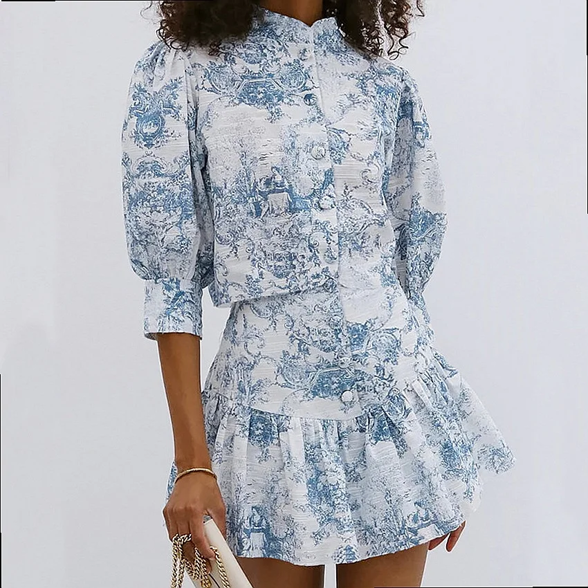 Chinese Style Stand Collar Print Fitted Short Sleeve Skirt Set, Two Piece Matching Set Summer Spring Fashion Tops