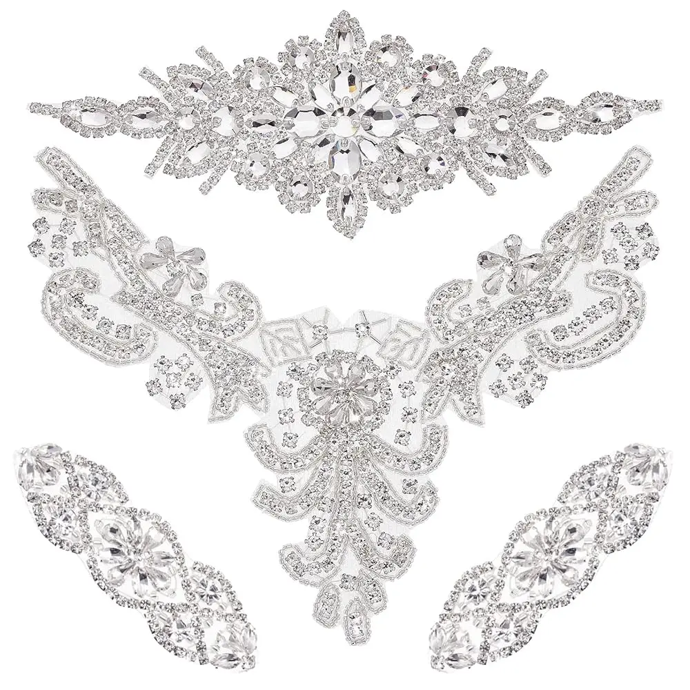 

4 Pcs Rhinestone Appliques for Wedding Dress Bridal Sequin Applique Silver Iron on Patch Crystal Rhinestone Trim for Women W