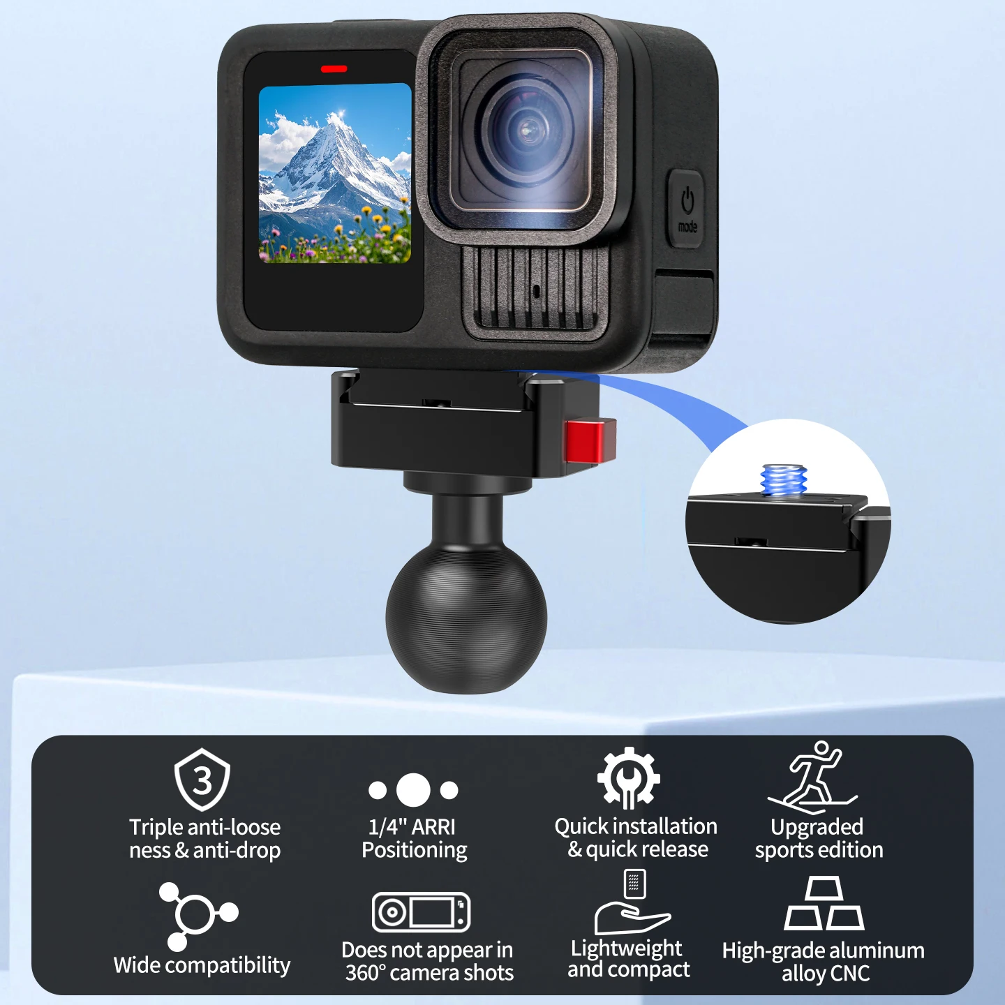 1-Zoll-Kugelkopf-Schnellverschluss-Halterung, 360° verstellbar, keine Blockierung, für Panoramakamera Insta360 X3 X4 X5 für DJI OSMO Pocket Gimbal – Detail 2
