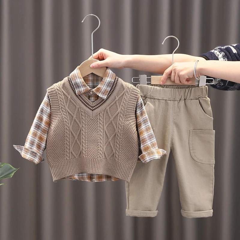 Baby Boy Clothes Mother Kids Spring Clothing Sets Sweater Vest 3pcs  Toddler Pants Cotton Korean Version of Children\'s Set Suit