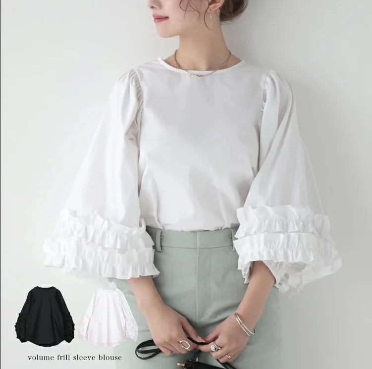 

Unique Design Fluffy Ruffle Lantern Sleeve Women's Shirt Loose Round Neck Versatile Commuting Slimming Shirt