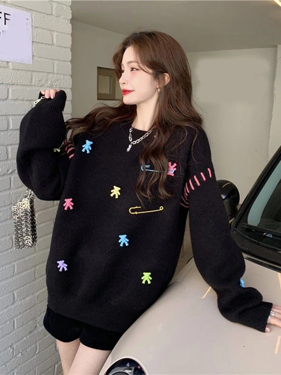 Zoki Cute Bear Women Casual Sweater Sweet Japan Knitted Pullovers Loose Long Sleeve O Neck Female Fall Fashion Elegant Jumper