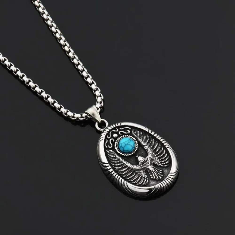 European and American Fashion Green Pine Eagle Wings Spreading Disk Hip Hop Retro Turquoise Hanging Tag Pendant Necklace