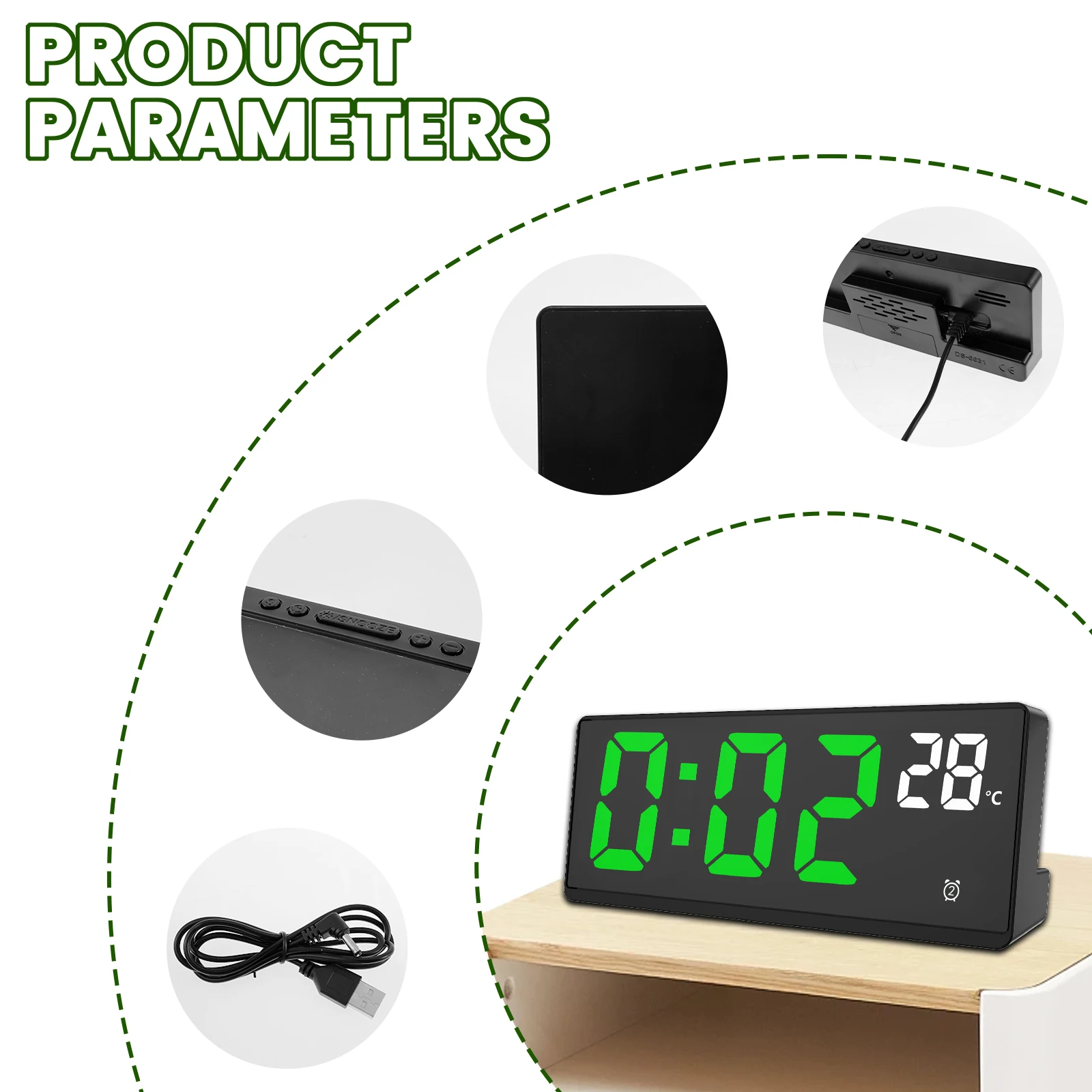 1/5set Digital Alarm Clock Large Number USB Charging 3 Adjustable Alarm Volumes 5 Dimmers Date Snooze LED Desk Clock for Bedroom