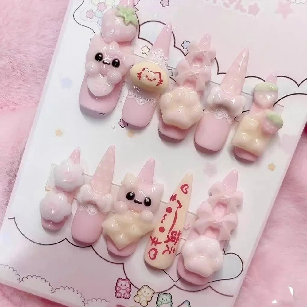 Niedliche Retro Japanische Rilakkuma Rosa Kaninchen Mandel Künstliche Nägel 3D Schleife Stern Katzenpfote Erdbeere Aufklebenägel Handaccessoires – Detail 9