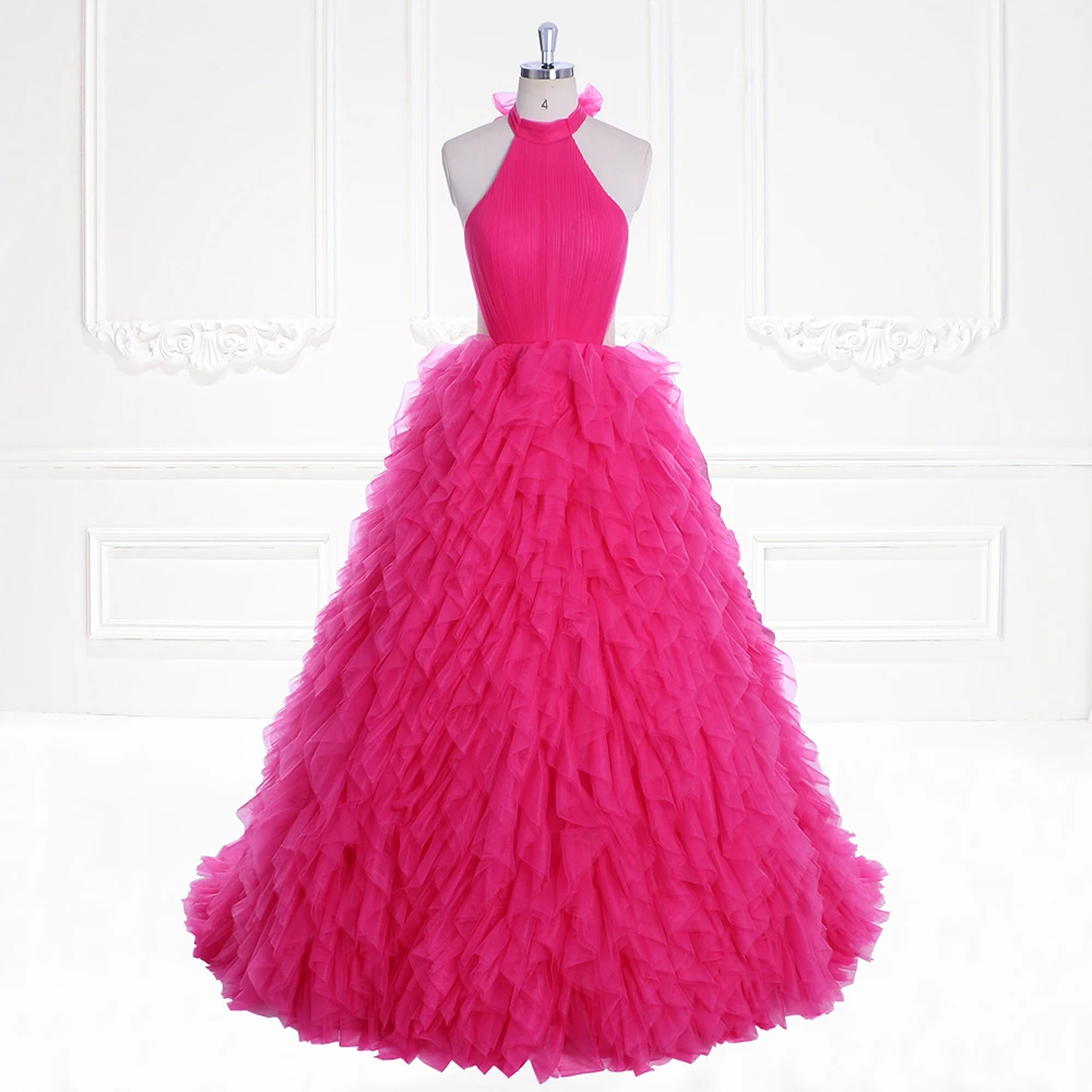 Vibrant Fuchsia Halter Tulle Ruffles Prom Gown Wedding Dress Photo Shooting Dress Outfit Elegant Party Dresses YEWEN YW230729