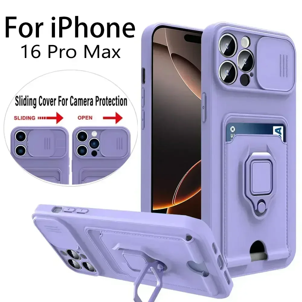 

Slide Camera TPU Case For iPhone 16 15 11 12 13 14 Pro Max XS X XR 8 7 6S Plus Shockproof Armour Card Slots Wallet Silicon Cover