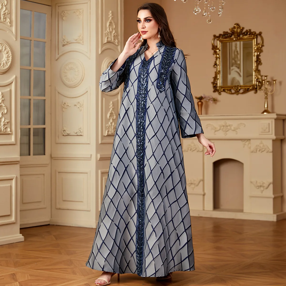 Ramadan Islamic Middle East Grand Swing V-neck Long Dress Muslim Robe New Luxury Fashion Jacquard Women's Long Sleeve Dress