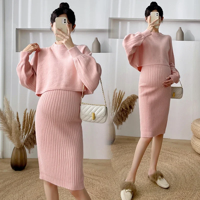 2022 2PCS/Set Autumn Winter Korean Fashion Knitted Maternity Sweaters Dress Suits A Line Slim Clothes for Pregnant Women Lovely