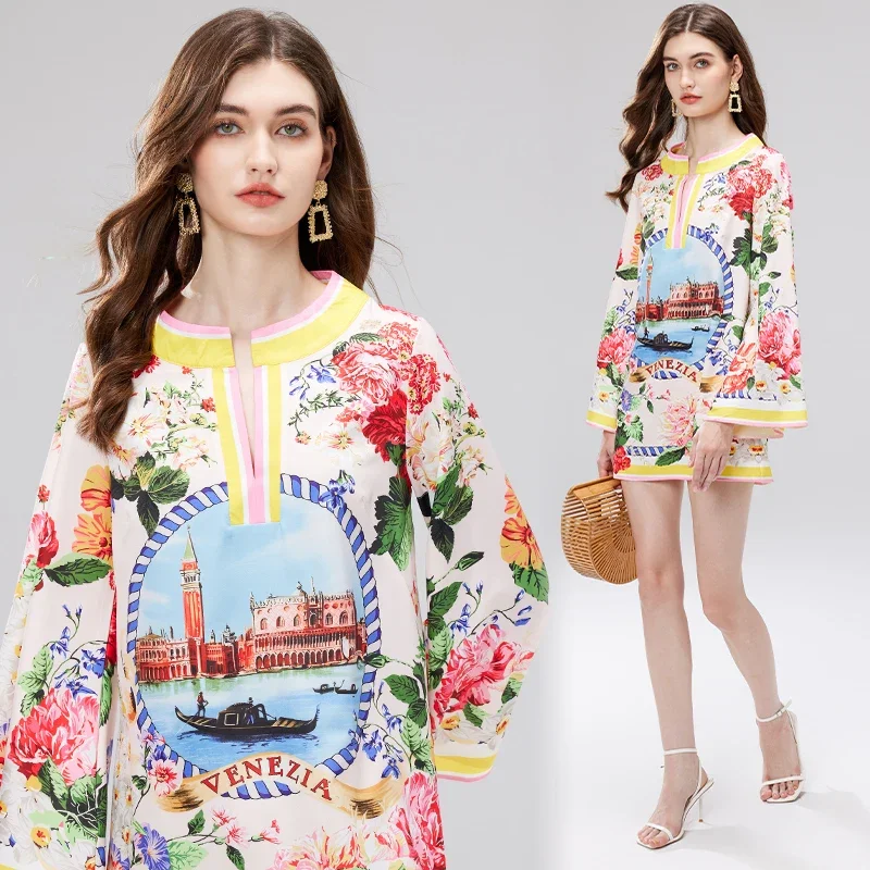 Vintage Floral Print Round Neck Slit Long Sleeve Personality Dress Loose Short Mini Skirt