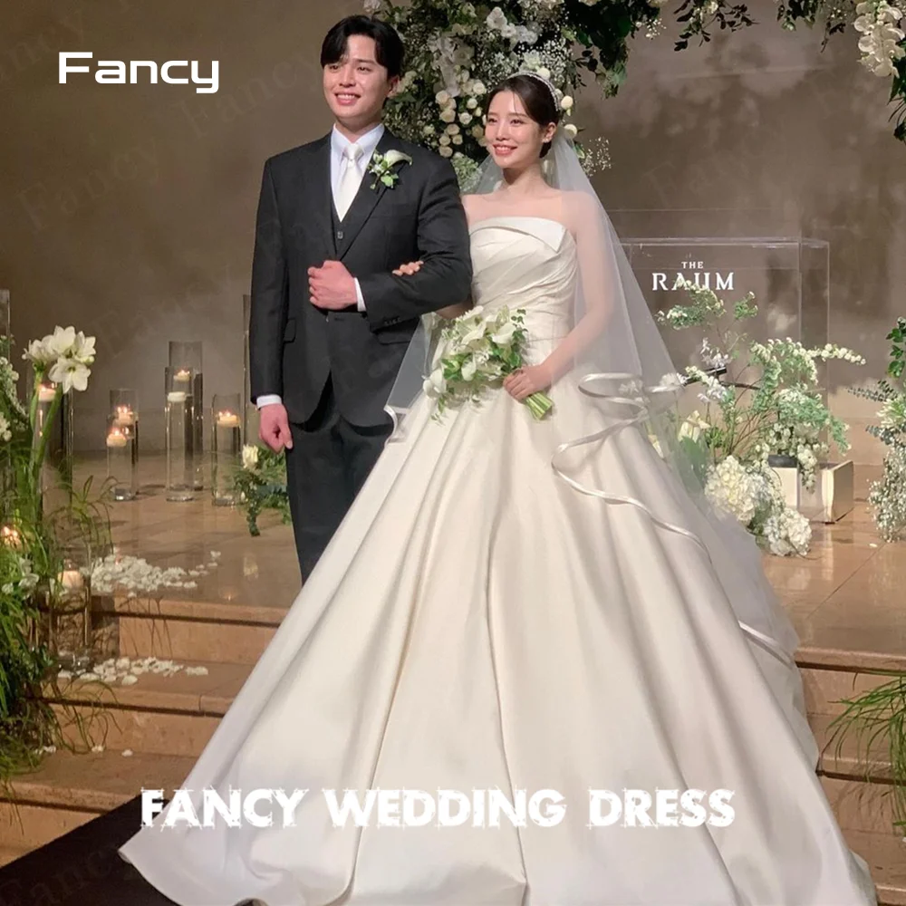 Fancy Princess Strapless A Line Wedding Dress Korea Photo Shoot Satin Sleeveless Back Corset Bridal Gown Floor Length 웨딩드레스