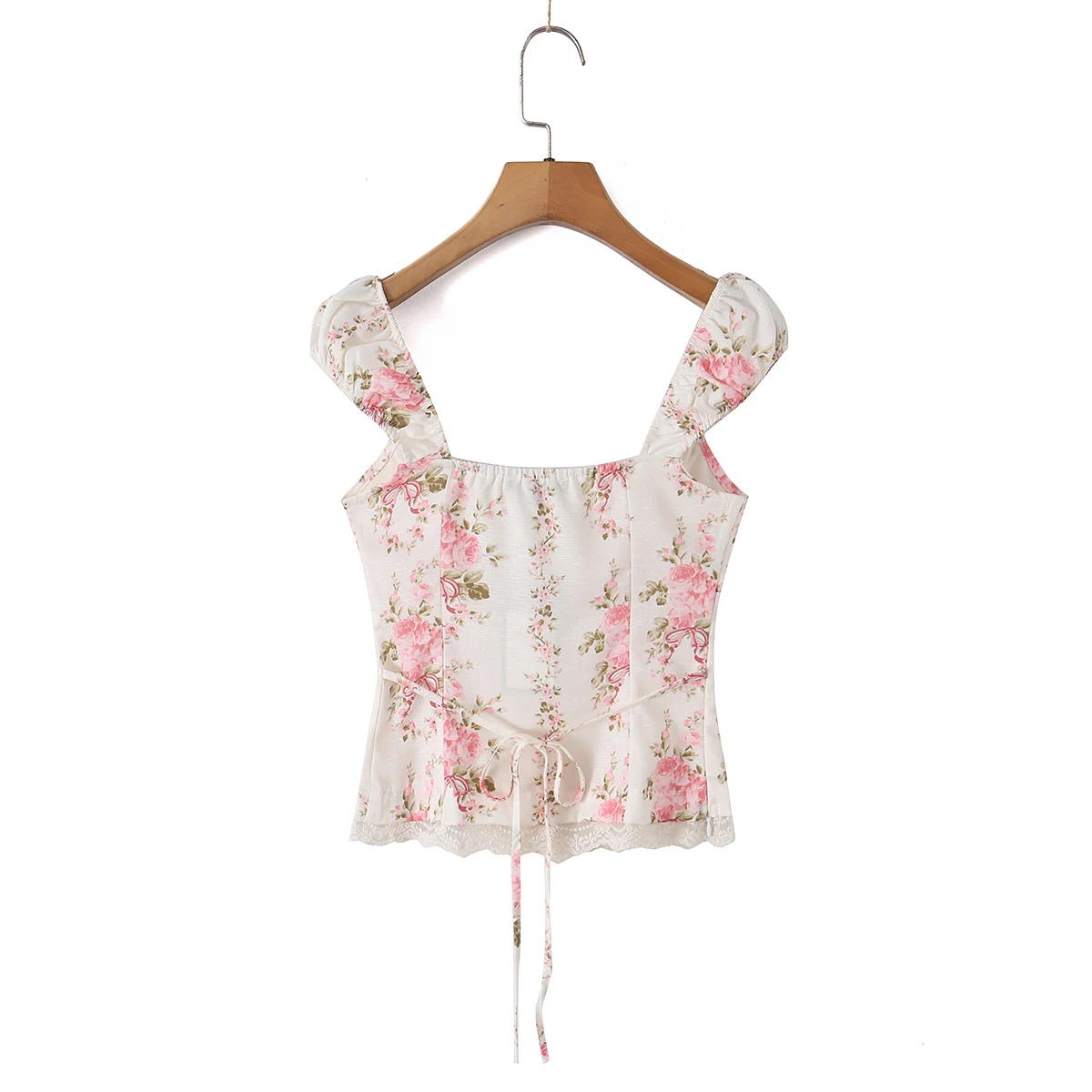 Sexy Pink Floral Print Bow Collar Elastic Strap Tank Top Slim Corset Women Lacing up Sashes Back Lace Hem Side Zipper Crop Vest