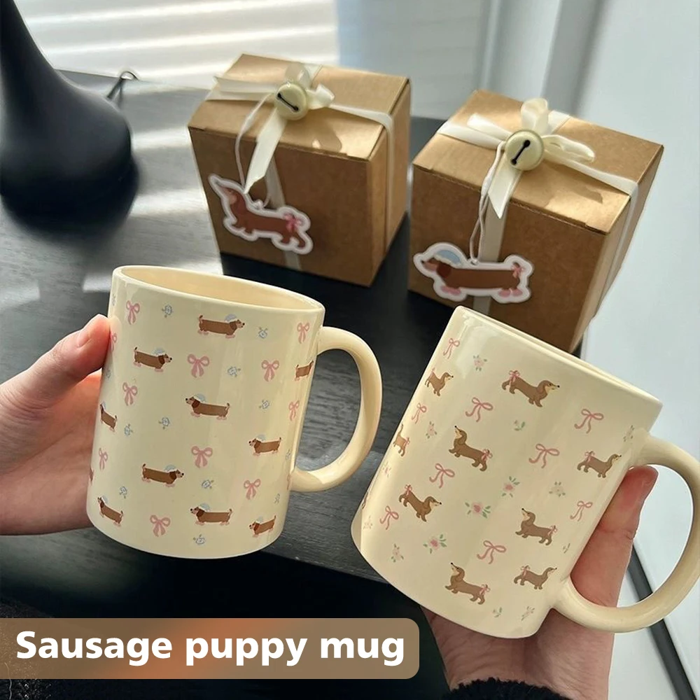 340ml Korean Style Cute Dachshund Pattern Ceramic Mug With Handle Coffee Cup Oatmeal Breakfast Mug Kitchen Drinkware