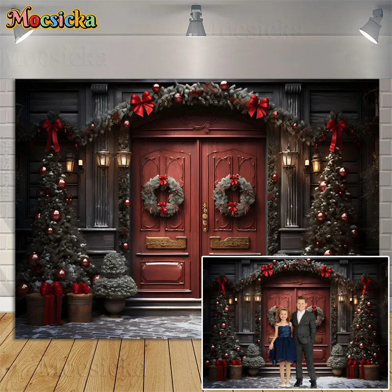 Christmas Vintage Red Door Family Portrait Background Kids Birthday Photo Winter Gravel Road Backdrops Studio Photography Props