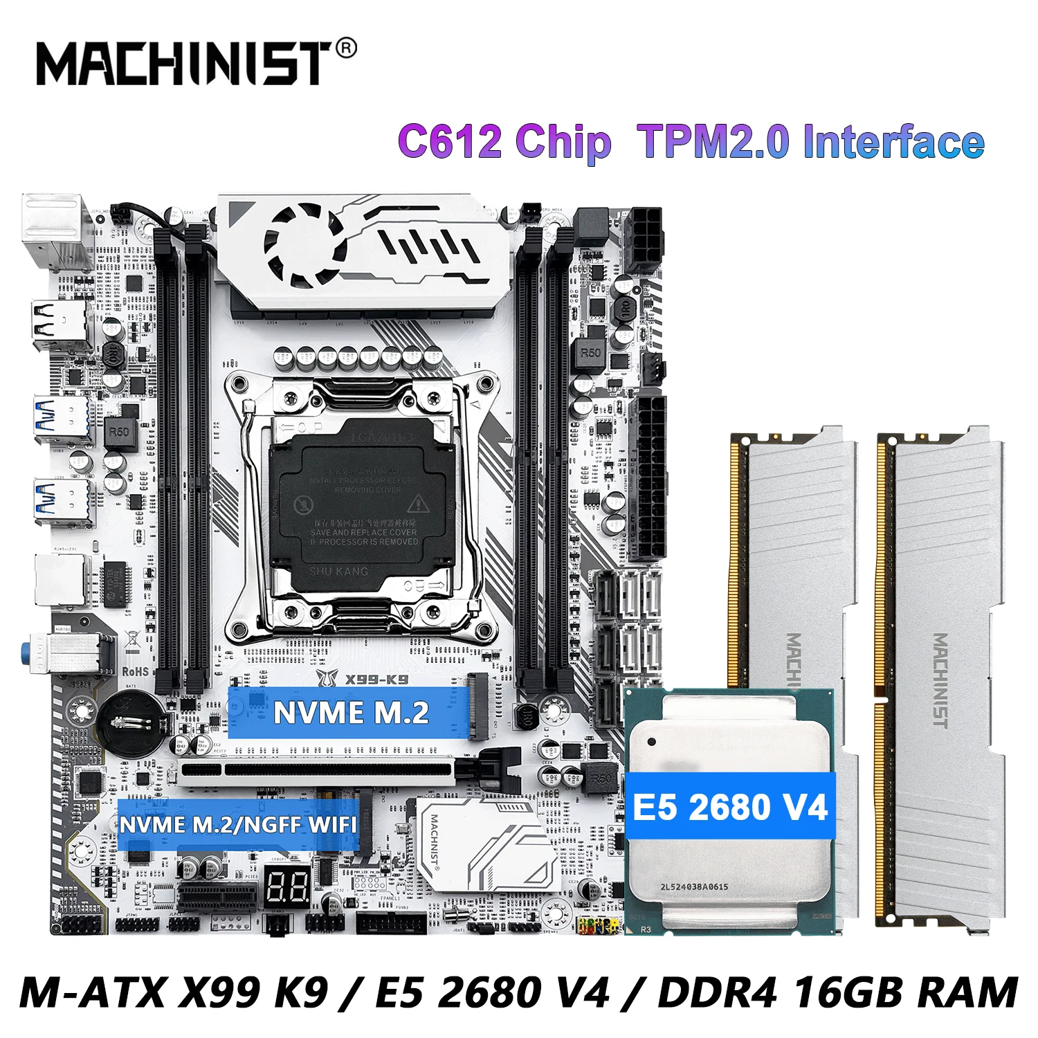 MACHINIST X99 K9 TPM2.0 Motherboard DDR4 8GBx2p RAM Four Channels Xeon E5 2680 V4 CPU LGA 2011-3 Support NVME M.2 Optional Kit
