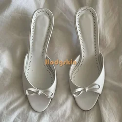 White Butterfly-knot Stiletto Slippers Solid Shallow Round Toe Thin High Heel Pull on Sandals 2024 New Summer Women Sweet Shoes