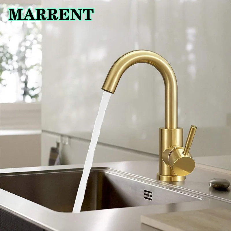 Home  Hot and Cold  Kitchen  Sink Mixer Tap Deck Mount 360 Rotated Bathroom Faucet 304 Stainless Steel Brushed Gold Basin Faucet