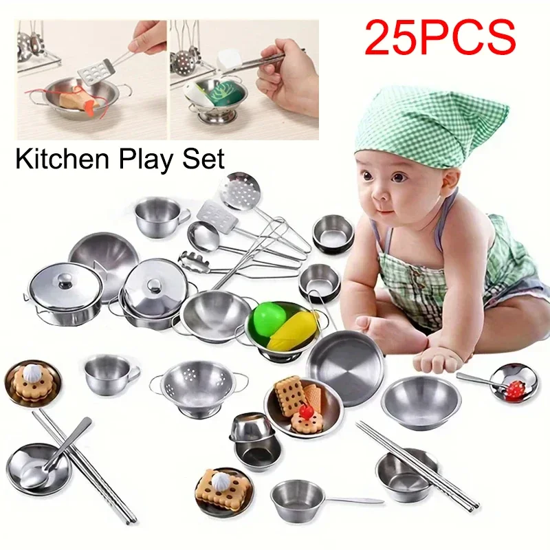 Doe alsof pannenset 25-delig kinderkeuken speelgoed pannenset mini roestvrijstalen spatel pannenset, chef-kok fantasiespel
