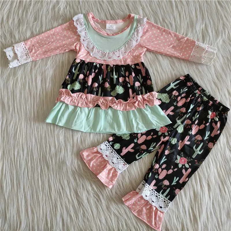 

Toddler Spring Arrival Kids Cactus Lace Long Sleeve Lace Pants Boutique wholesale Baby Girls Children Clothing Outfits