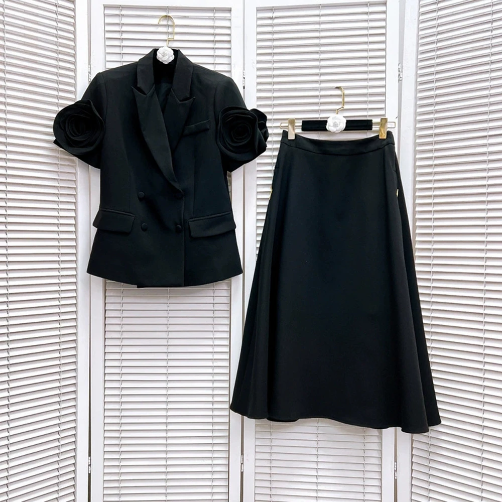French high-end fashion three-dimensional flower splicing small suit solid color temperament skirt two-piece suit-GZXX255