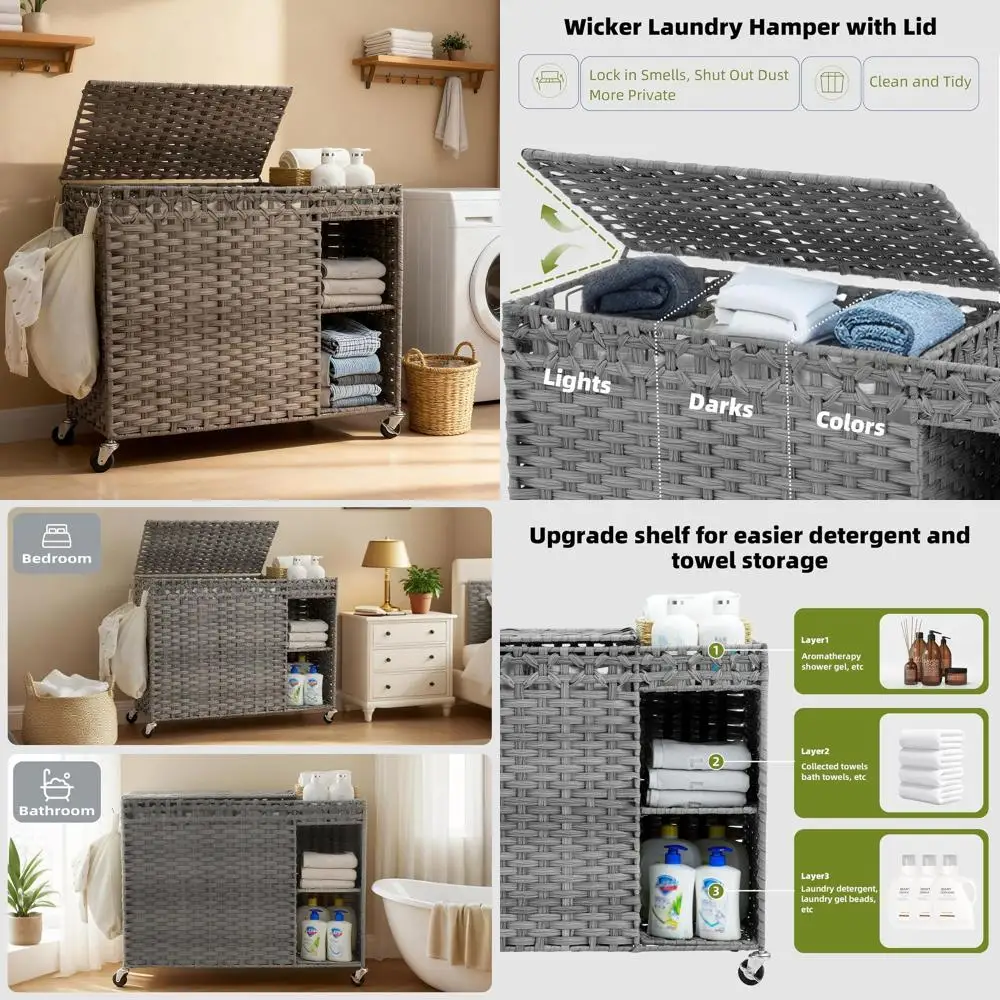

Wicker Laundry Hamper with Lid, 160L 3-Section Storage Basket on Wheels, Grey with Removable Liner