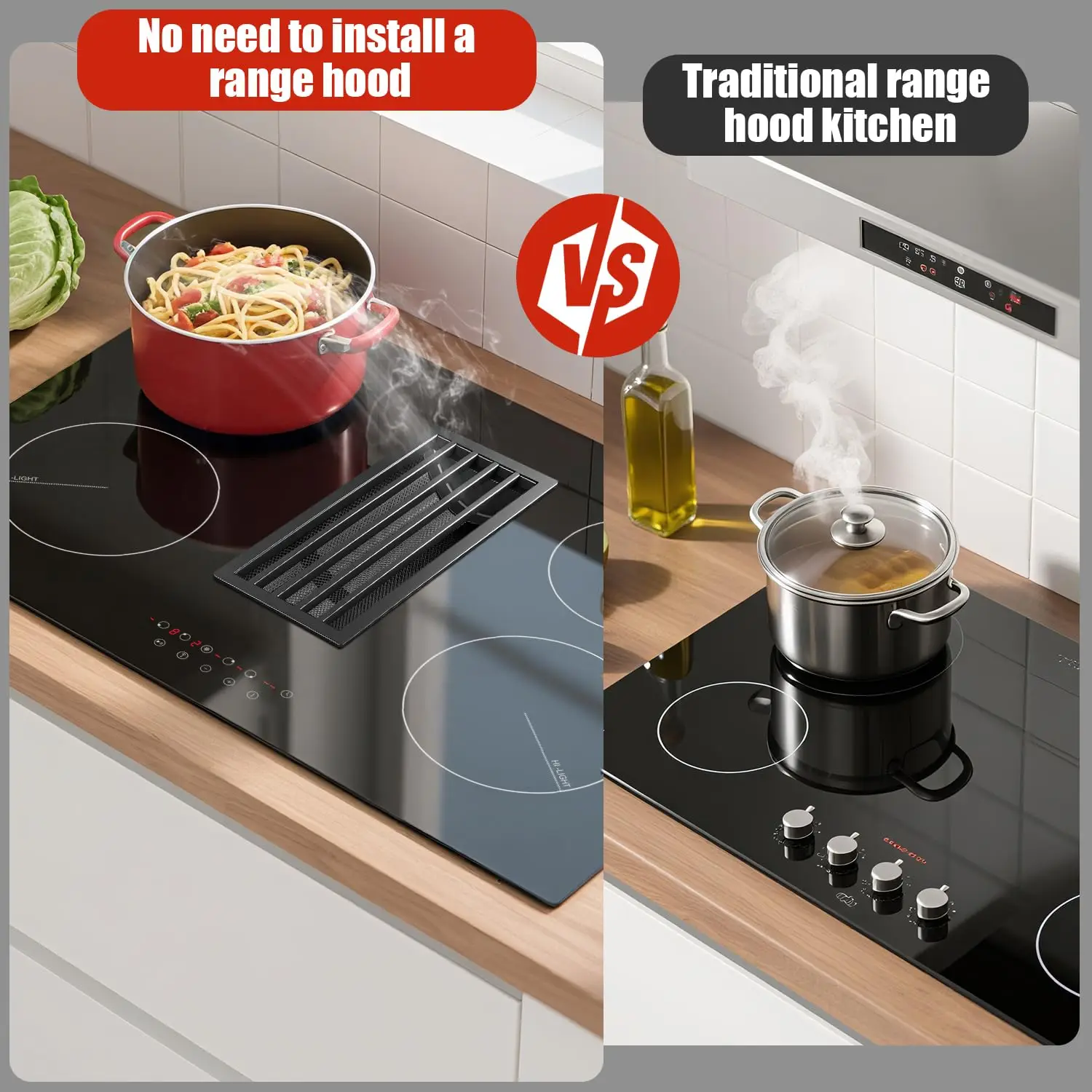 موقد كهربائي 30 بوصة مع شفاط نطاق سفلي، 4 شعلات، سلك صلب 240 فولت، 9 مستويات طاقة، مؤقت، مروحة عادم 3 سرعات