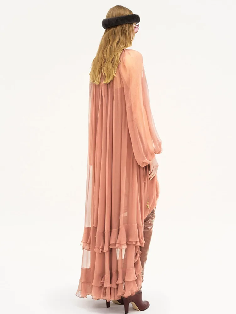 여성용 2025 봄 여름 시스루 러플 미디 드레스 스탠드 칼라 긴 소매 플로우 비치 파티 우아한 요정 드레스