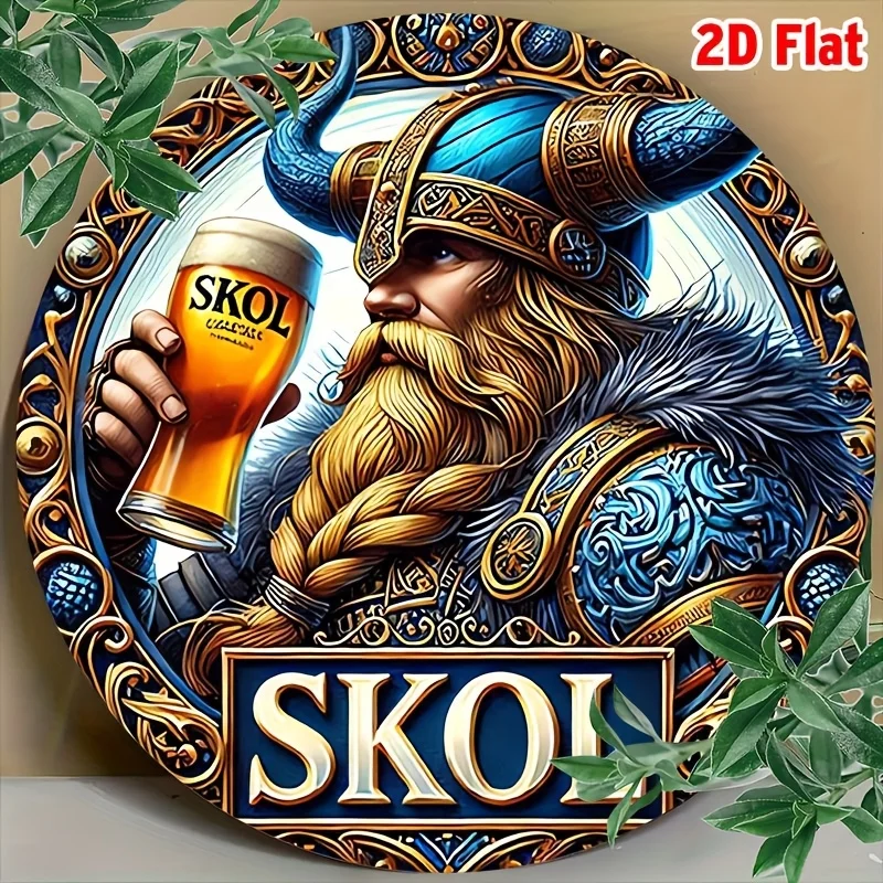 2D plano, 1 peça Skol Viking Beer Metal Wall Art - Sinal de alumínio redondo retrô de 8 polegadas com capacete dourado e design de chapéu com chifres, durável