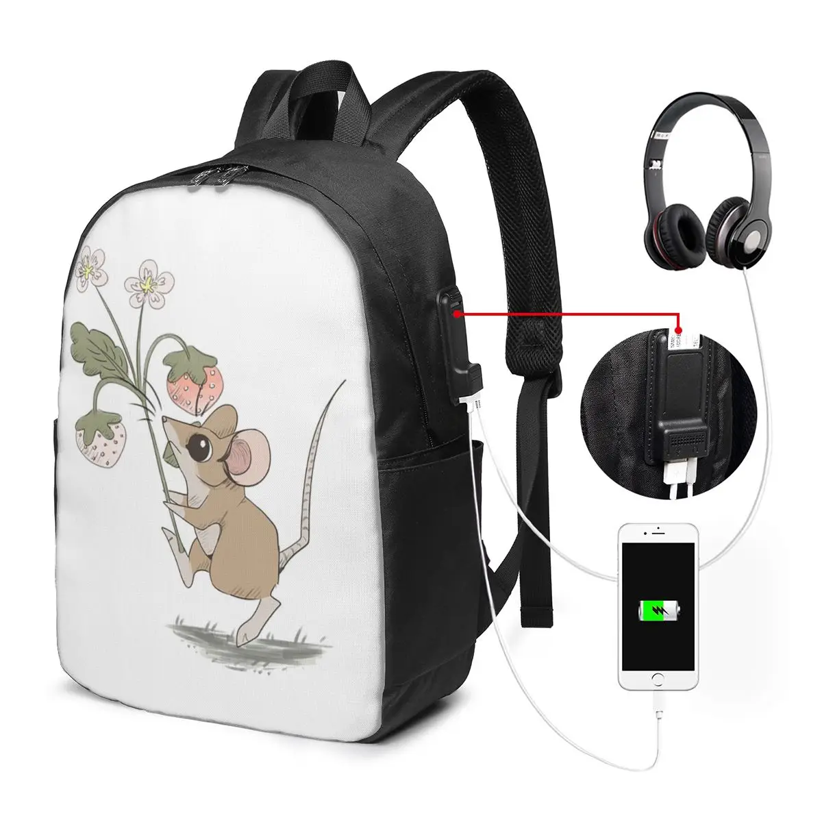 Cartoon Rat With Flower Watercolor Art Backpack Travel Notebook Bag Computer College Student School Bag Laptop Shoulder Bags