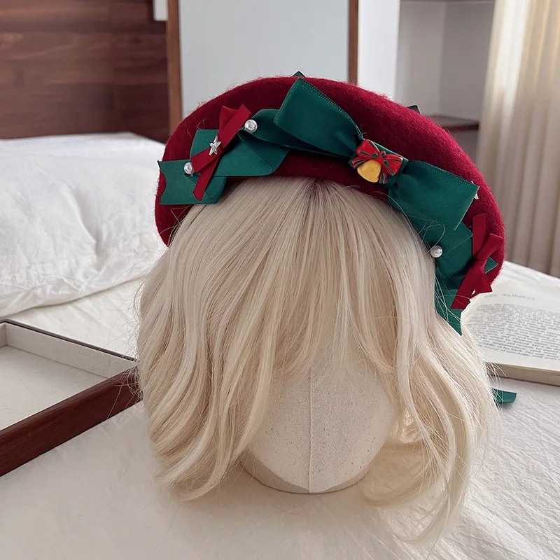 

Beret Christmas Color Scheme Versatile Wool Design Autumn Winter Ribbon Winter Fashion Hat Women