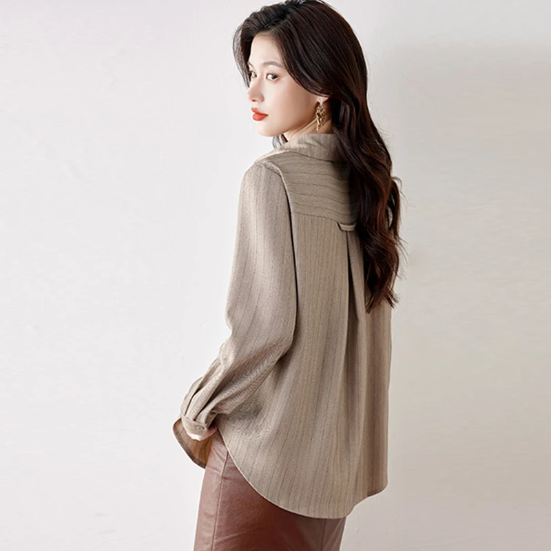 Camicetta da donna a righe manica lunga vestibilità ampia camicia stile francese con cravatta in vita top da donna streetwear moda